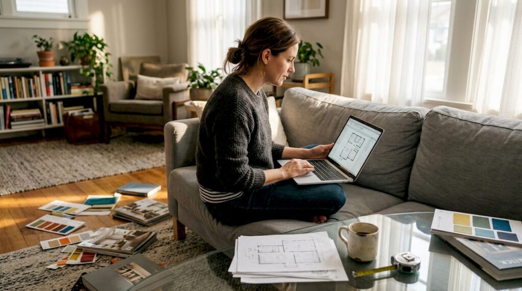 Homeowner using laptop for room design