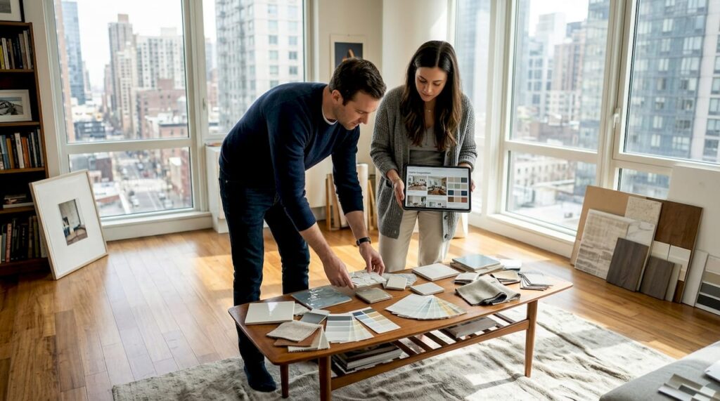 Couple reviewing interior material samples at home