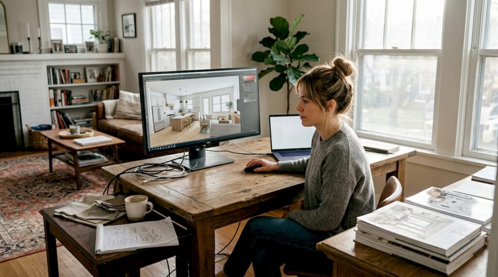 Designer reviewing 3D interior visualization